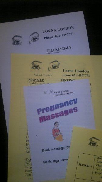 Beauty treatment price lists by Lorna London at her Sea Point beauty salon